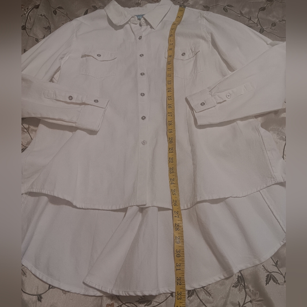 Boho Embroidered Top Floral Denim Women White SzL‎ High-Low - Picture 8 of 15